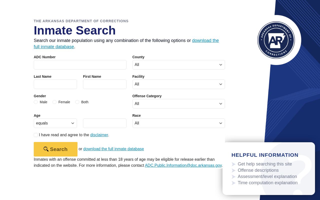 Arkansas Department of Corrections inmate information search