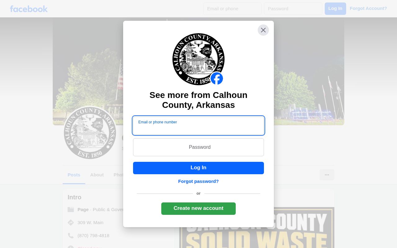 Official Calhoun County Arkansas Facebook page linked from the county app manifest