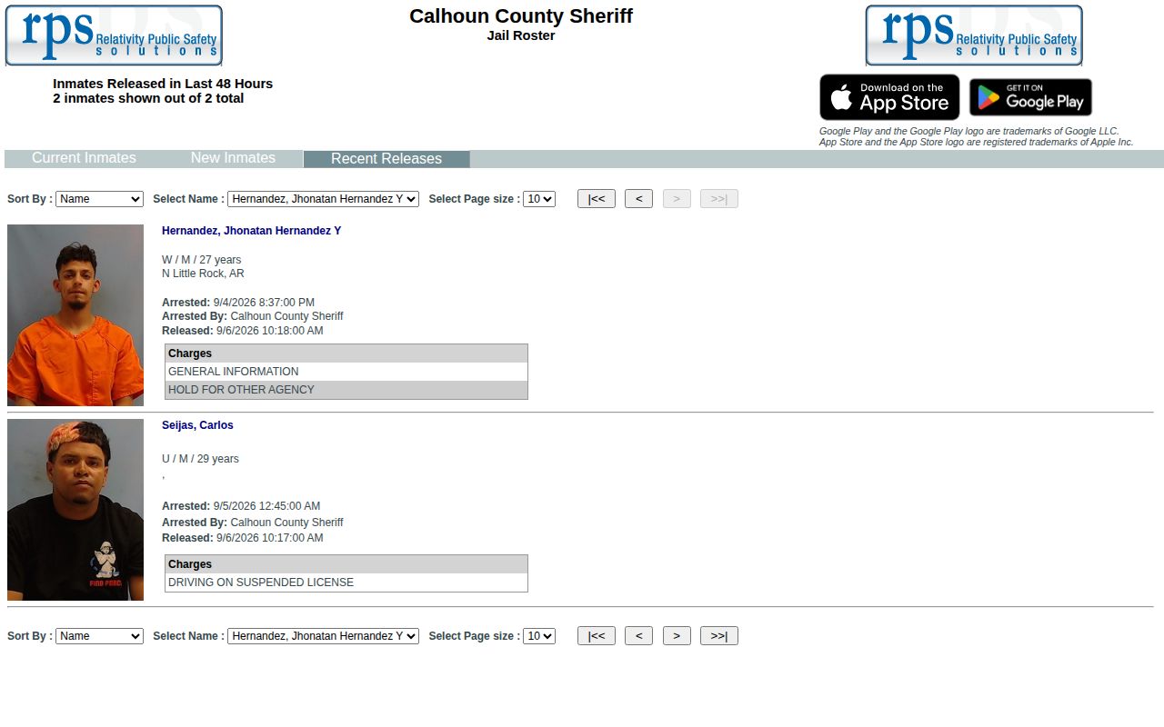 Calhoun County official inmates released in the last 48 hours page