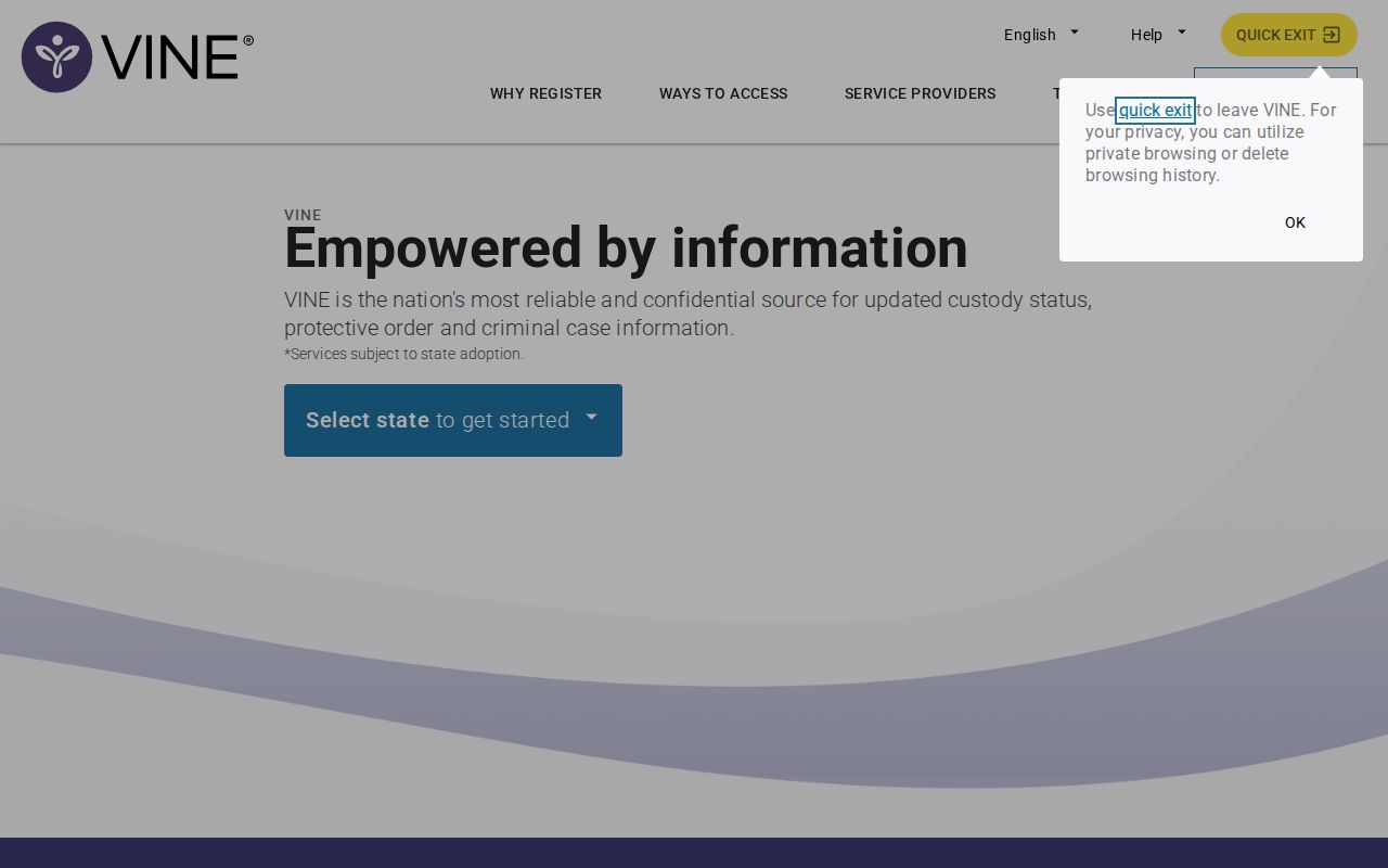 VINELink custody search entry page used for Arkansas VINE